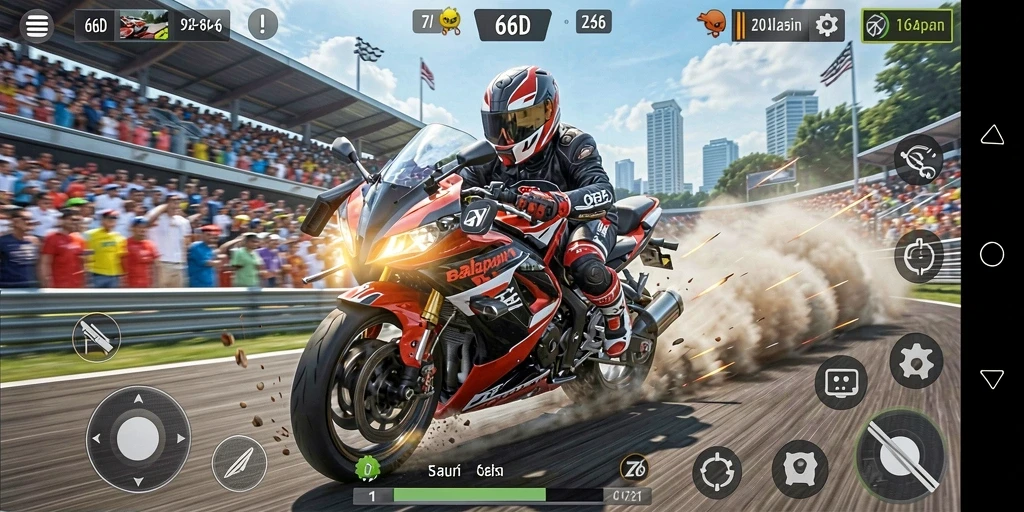 Screenshot utama 66D menampilkan balapan motor yang mendebarkan.