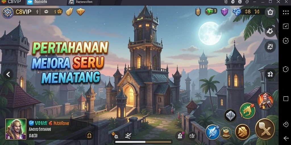 Tampilan seru gameplay C8VIP dengan menara dan musuh yang menarik.