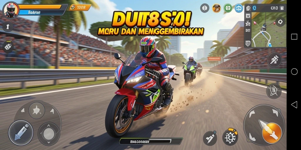 Gameplay mendebarkan dalam balapan motor seru di DUIT8.