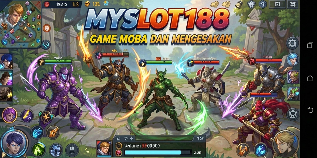 Screenshot gameplay MYSLOT188 menunjukkan pertempuran strategis antara tim-tim yang berlawanan.