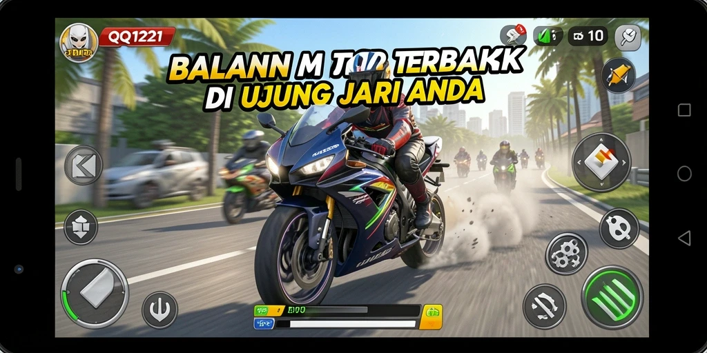 Tampilan gameplay seru di QQ1221 dengan aksi balapan motor.