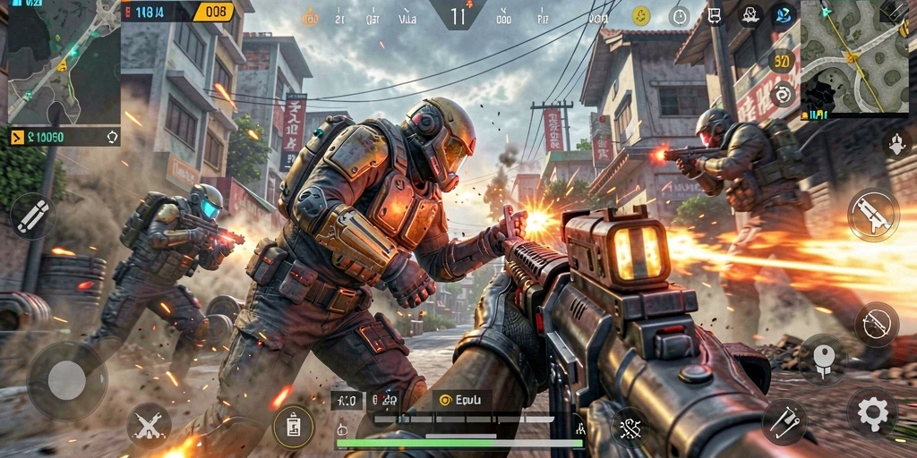 Tampilan gameplay V21 yang intens dalam pertempuran FPS.